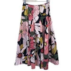 Tatuum Floral Midi Skirt Black Pink Cotton A-Line Botanical Resortwear Preppy 2
